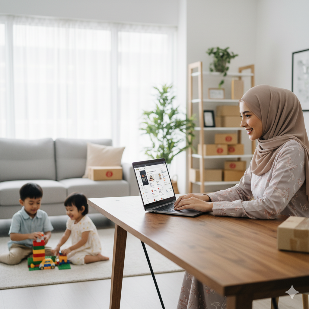 an image of successful a Malay girl online reseller. She is sitting in front of her laptop while her kids playing behind